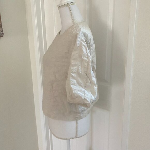By Min Textured Blouse Taupe Cream Short Sleeve Balloon Elbow Sleeves Sz Small - Picture 3 of 8
